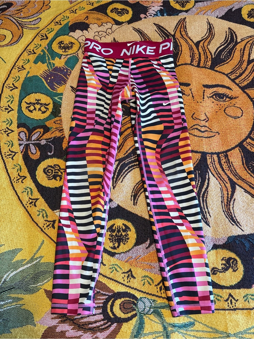 Nike Pro Multi-Color Striped Running Pants - Pink, Black, White, Orange, Yellow